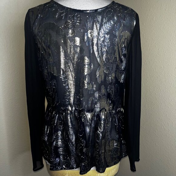 NEW Ella Moss Black Metallic Gold Top Sheer Long Sleeves Peplum Hem Medium NWT - Picture 2 of 11
